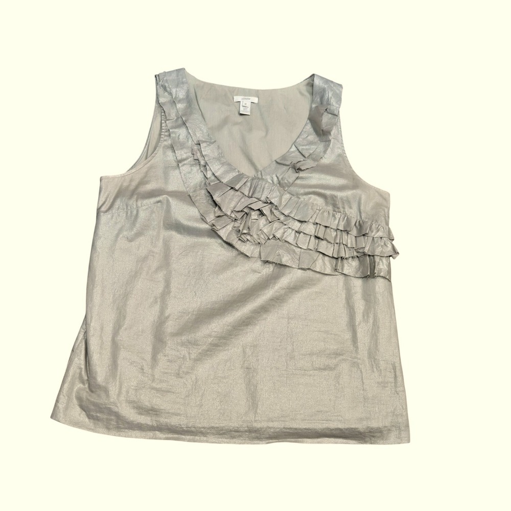 J.Crew Gold Metallic Ruffle V-Neck Sleeveless Cotton Blouse Top Size 12